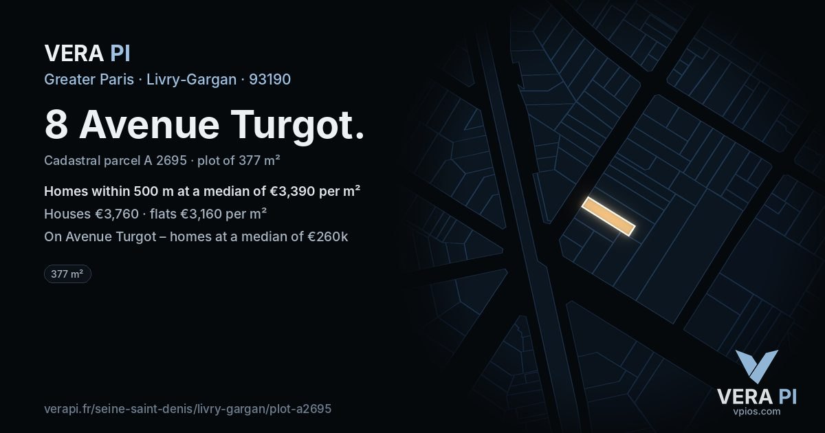 8 Avenue Turgot, Livry-Gargan at night – the plot lit, the parcels around coloured by the prices near them