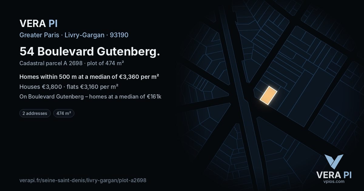 54 Boulevard Gutenberg, Livry-Gargan at night – the plot lit, the parcels around coloured by the prices near them
