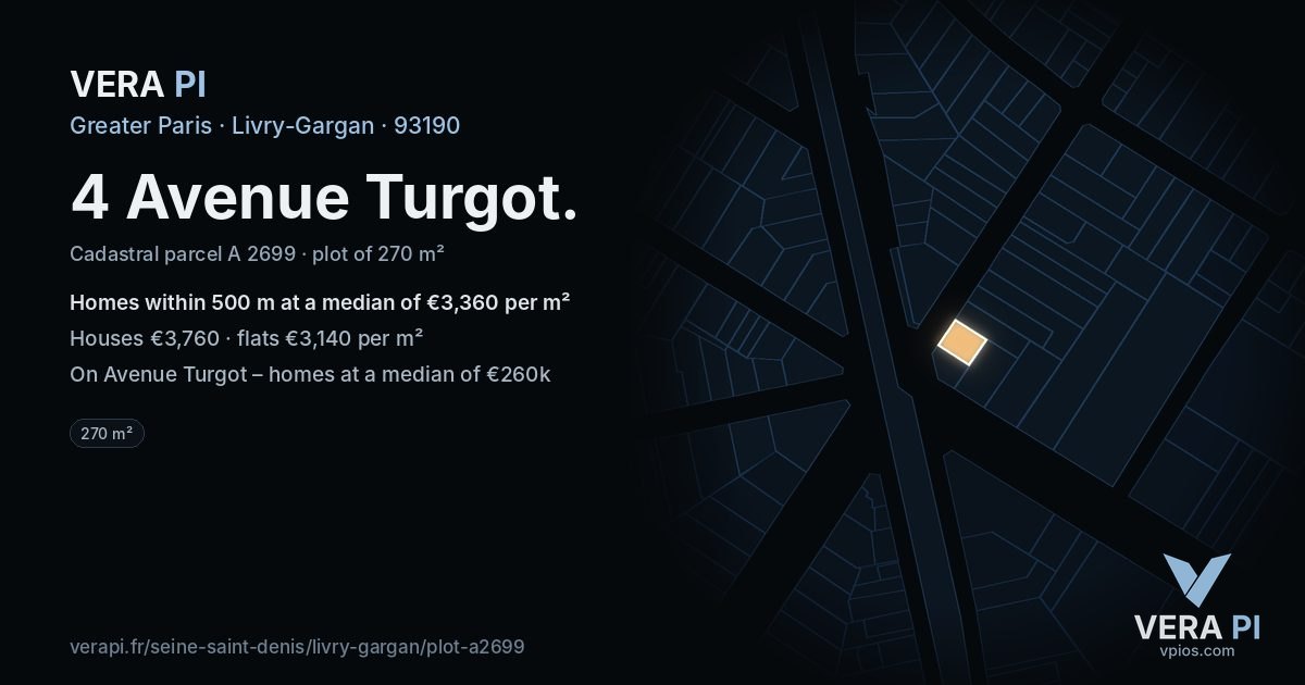 4 Avenue Turgot, Livry-Gargan at night – the plot lit, the parcels around coloured by the prices near them