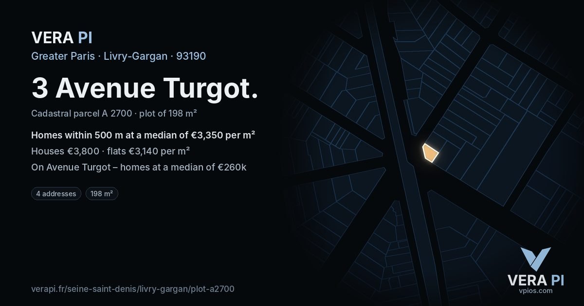 3 Avenue Turgot, Livry-Gargan at night – the plot lit, the parcels around coloured by the prices near them