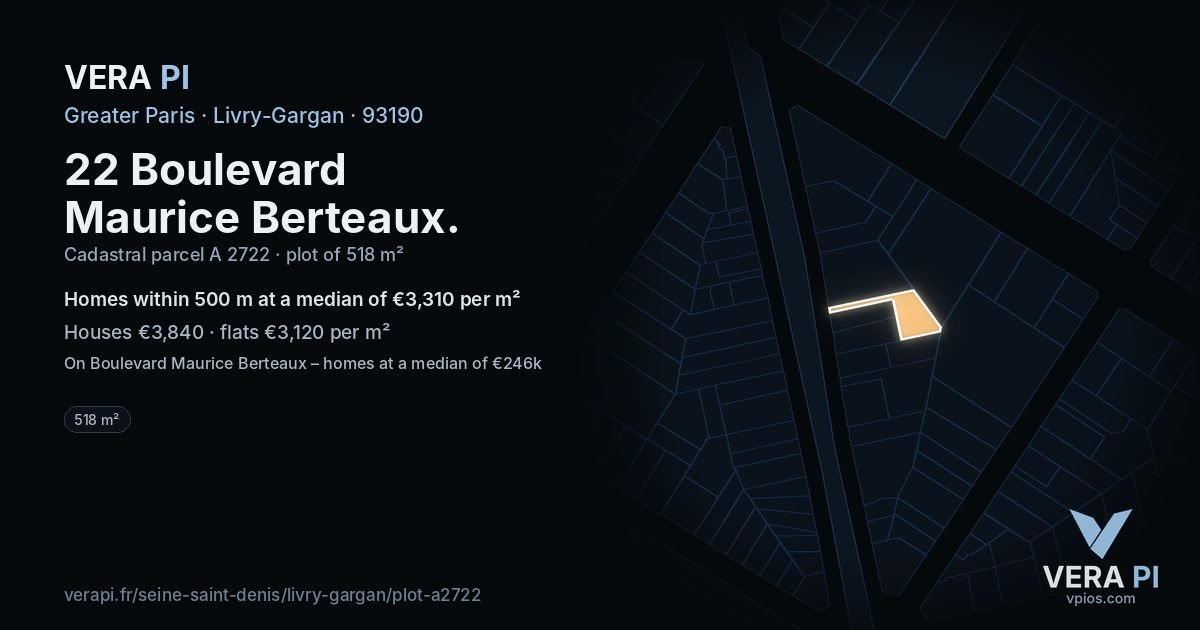 22 Boulevard Maurice Berteaux, Livry-Gargan at night – the plot lit, the parcels around coloured by the prices near them
