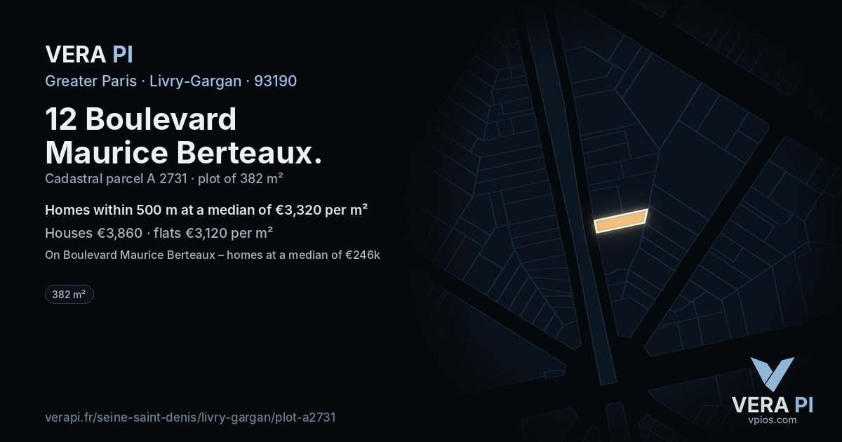 12 Boulevard Maurice Berteaux, Livry-Gargan at night – the plot lit, the parcels around coloured by the prices near them
