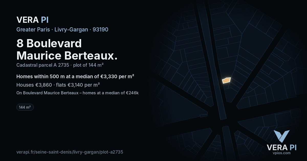 8 Boulevard Maurice Berteaux, Livry-Gargan at night – the plot lit, the parcels around coloured by the prices near them