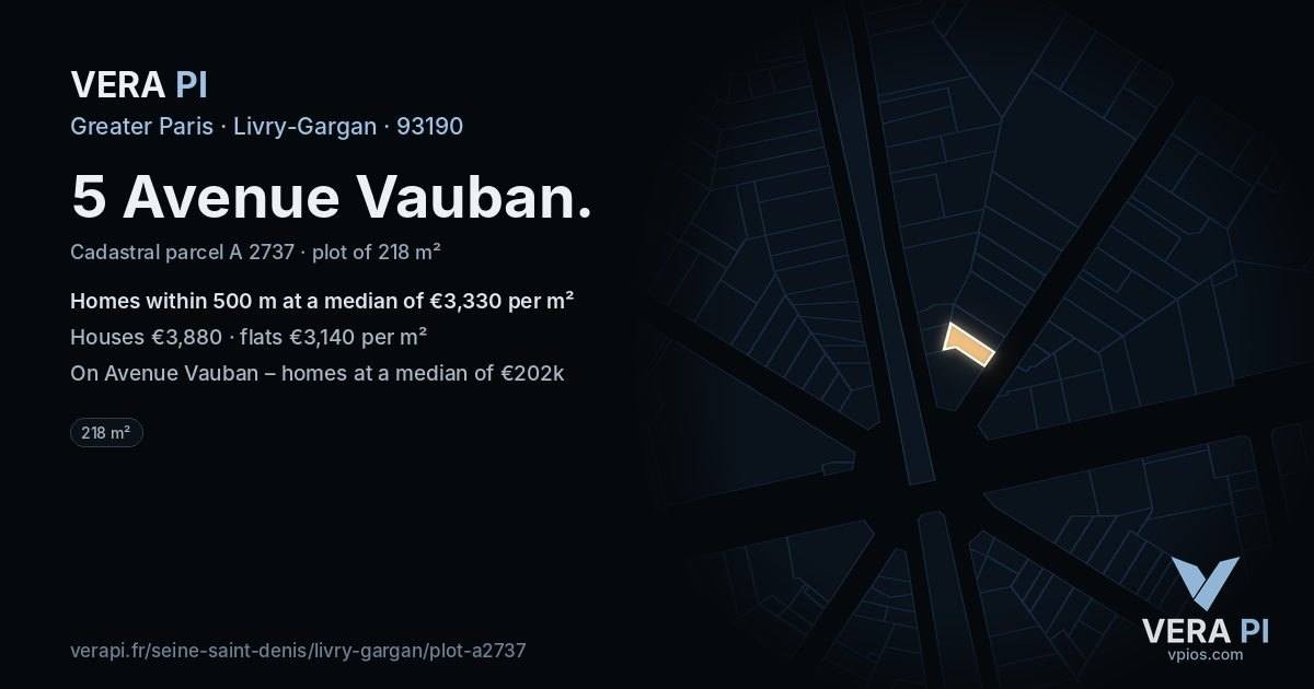 5 Avenue Vauban, Livry-Gargan at night – the plot lit, the parcels around coloured by the prices near them