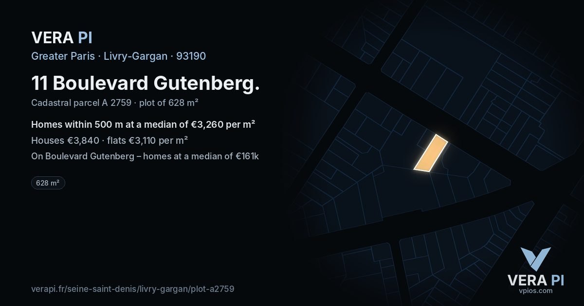 11 Boulevard Gutenberg, Livry-Gargan at night – the plot lit, the parcels around coloured by the prices near them