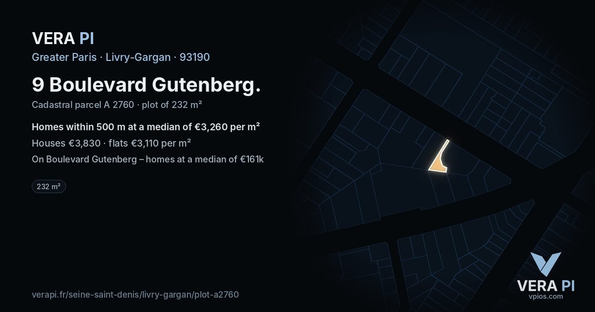 9 Boulevard Gutenberg, Livry-Gargan at night – the plot lit, the parcels around coloured by the prices near them