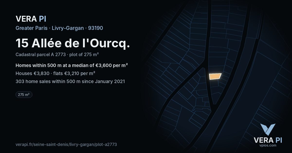 15 Allée de l'Ourcq, Livry-Gargan at night – the plot lit, the parcels around coloured by the prices near them
