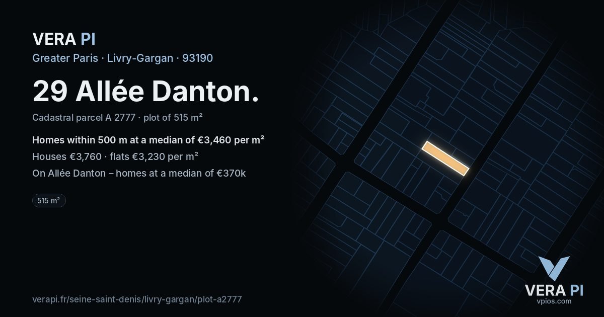 29 Allée Danton, Livry-Gargan at night – the plot lit, the parcels around coloured by the prices near them