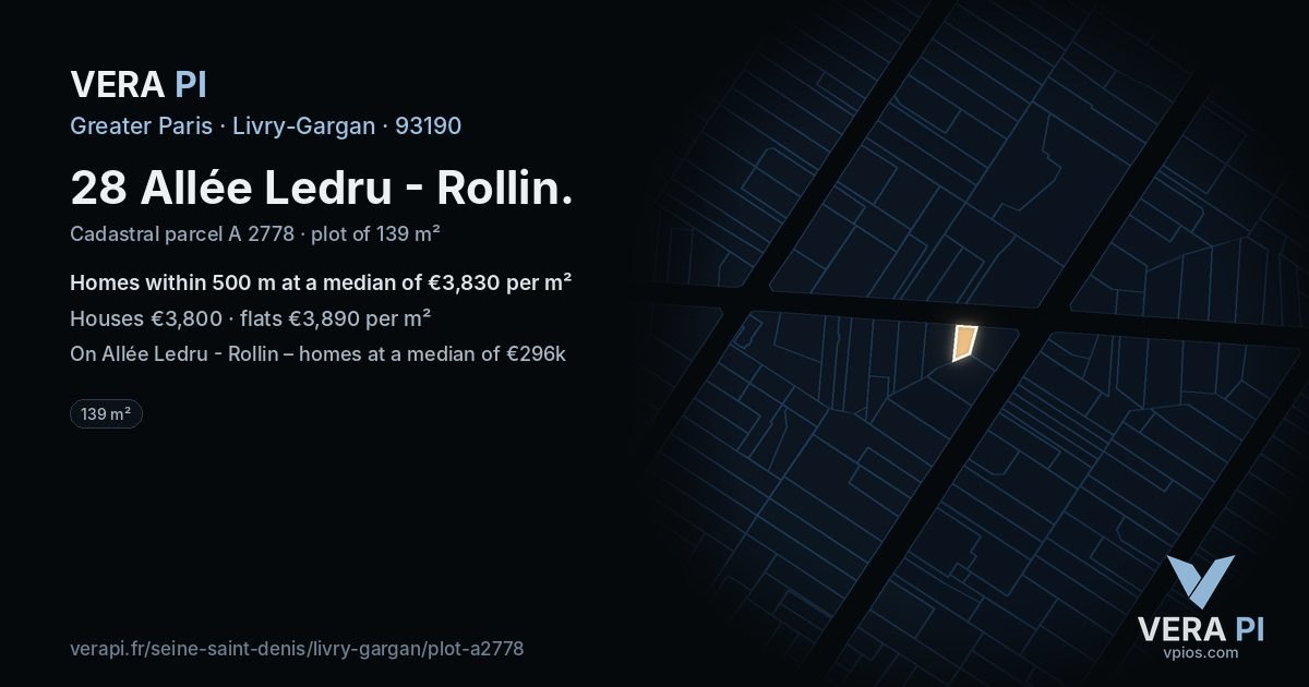 28 Allée Ledru - Rollin, Livry-Gargan at night – the plot lit, the parcels around coloured by the prices near them