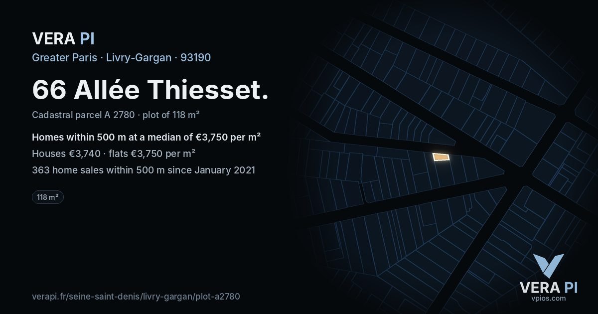 66 Allée Thiesset, Livry-Gargan at night – the plot lit, the parcels around coloured by the prices near them
