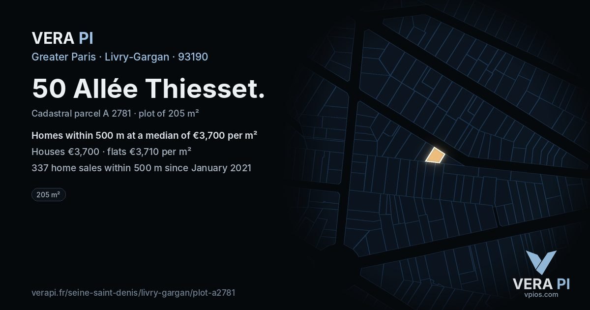 50 Allée Thiesset, Livry-Gargan at night – the plot lit, the parcels around coloured by the prices near them