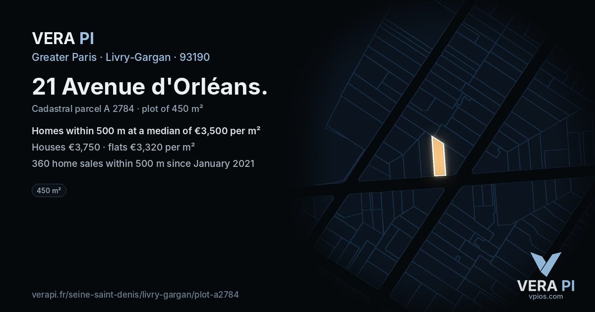 21 Avenue d'Orléans, Livry-Gargan at night – the plot lit, the parcels around coloured by the prices near them