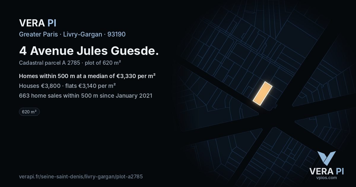 4 Avenue Jules Guesde, Livry-Gargan at night – the plot lit, the parcels around coloured by the prices near them
