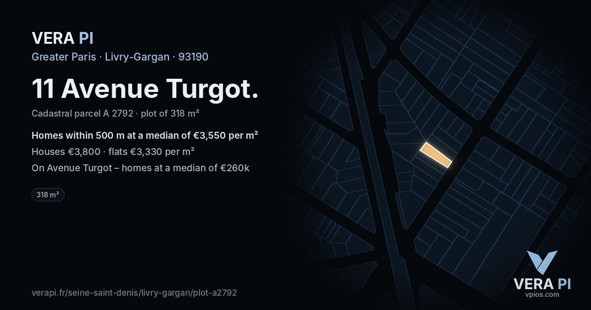 11 Avenue Turgot, Livry-Gargan at night – the plot lit, the parcels around coloured by the prices near them