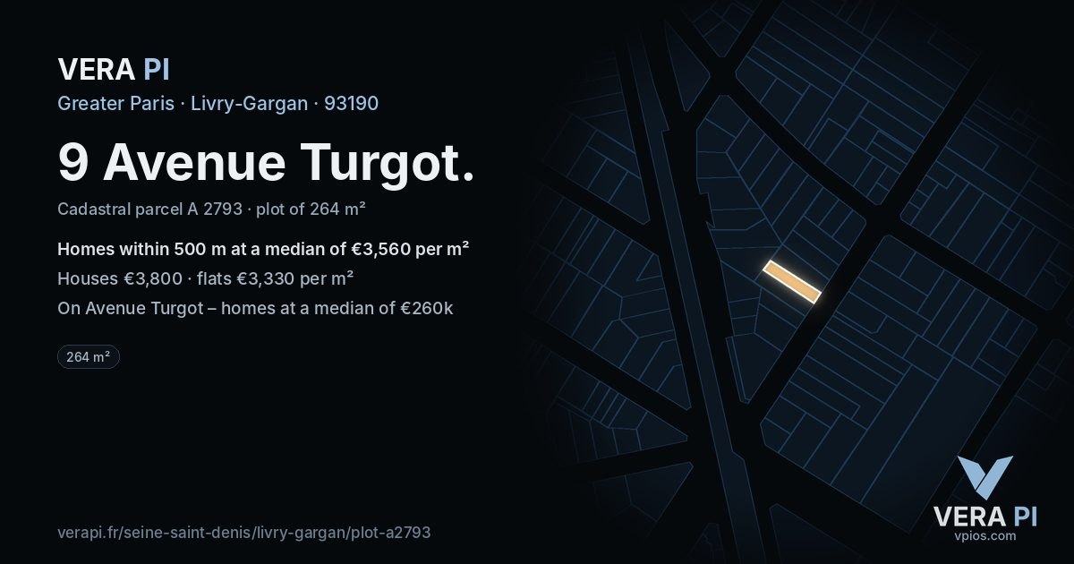 9 Avenue Turgot, Livry-Gargan at night – the plot lit, the parcels around coloured by the prices near them