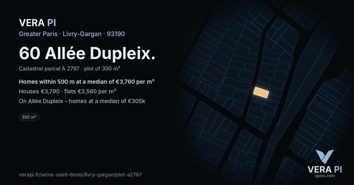 60 Allée Dupleix, Livry-Gargan at night – the plot lit, the parcels around coloured by the prices near them