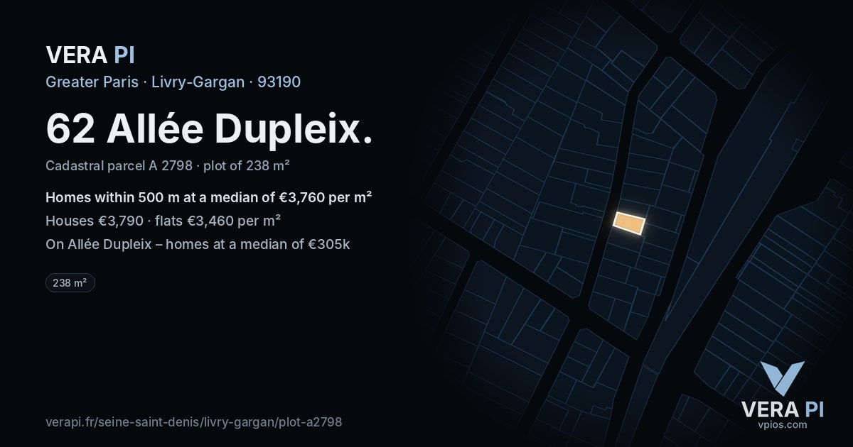 62 Allée Dupleix, Livry-Gargan at night – the plot lit, the parcels around coloured by the prices near them