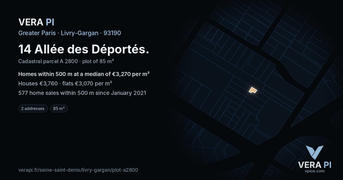 14 Allée des Déportés, Livry-Gargan at night – the plot lit, the parcels around coloured by the prices near them