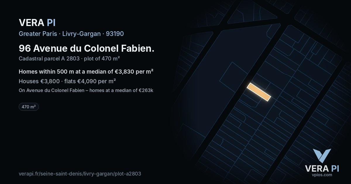 96 Avenue du Colonel Fabien, Livry-Gargan at night – the plot lit, the parcels around coloured by the prices near them