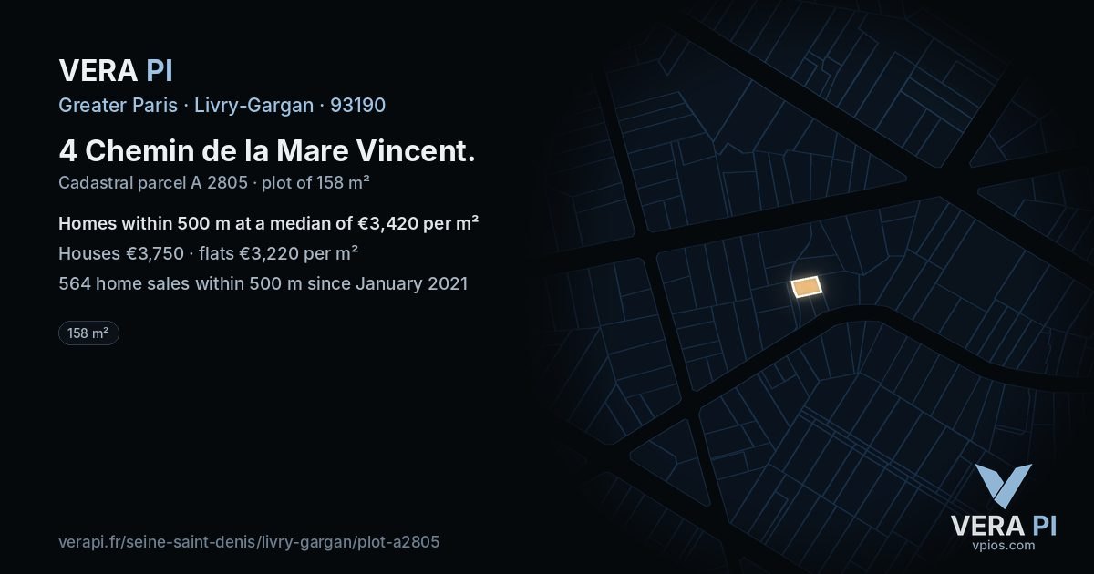 4 Chemin de la Mare Vincent, Livry-Gargan at night – the plot lit, the parcels around coloured by the prices near them