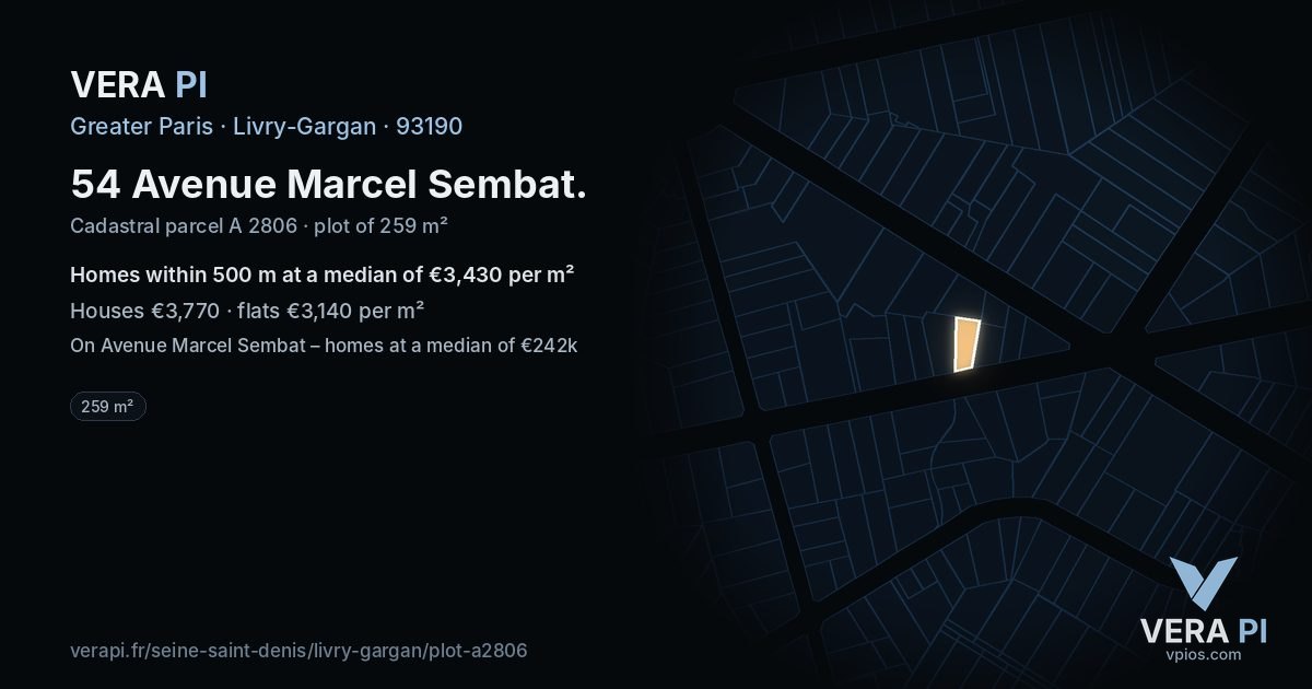 54 Avenue Marcel Sembat, Livry-Gargan at night – the plot lit, the parcels around coloured by the prices near them
