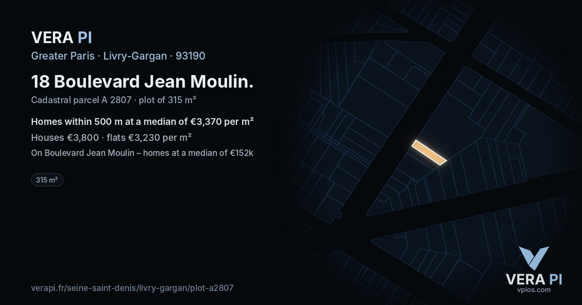 18 Boulevard Jean Moulin, Livry-Gargan at night – the plot lit, the parcels around coloured by the prices near them