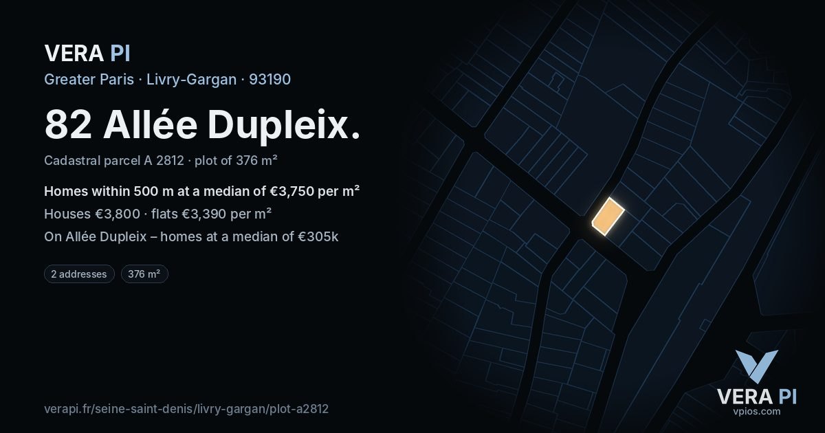 82 Allée Dupleix, Livry-Gargan at night – the plot lit, the parcels around coloured by the prices near them
