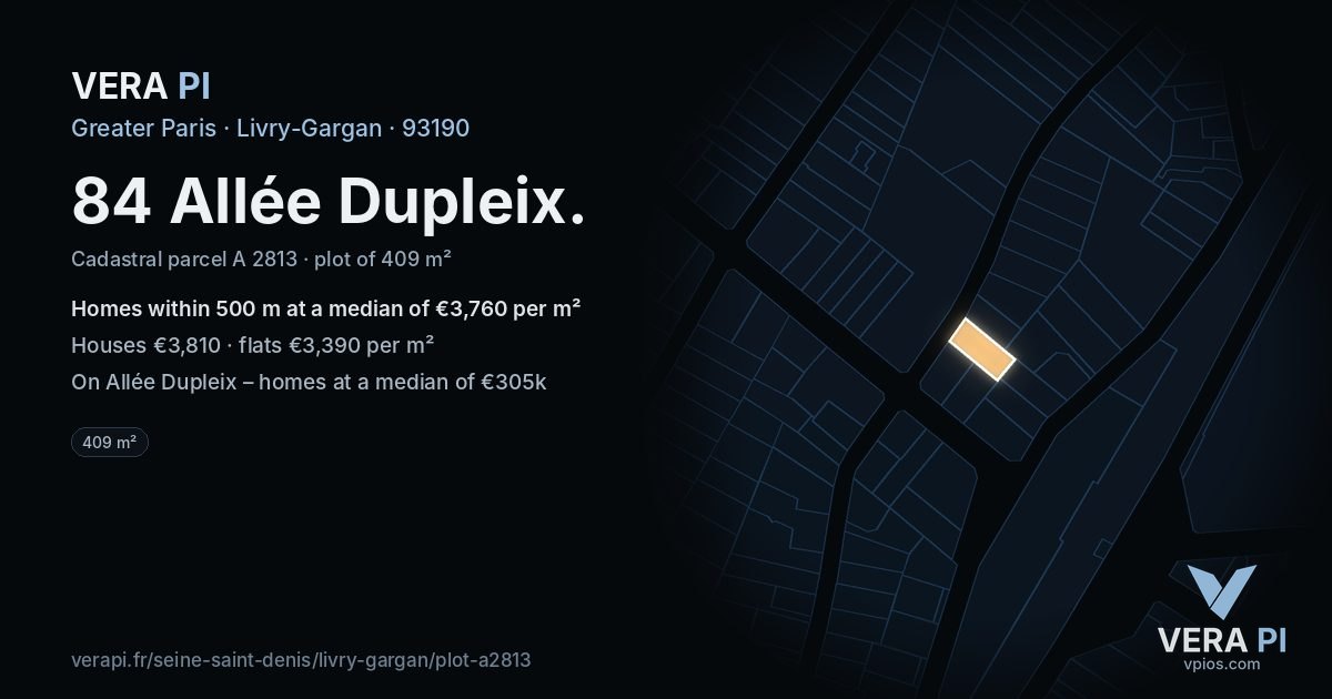 84 Allée Dupleix, Livry-Gargan at night – the plot lit, the parcels around coloured by the prices near them
