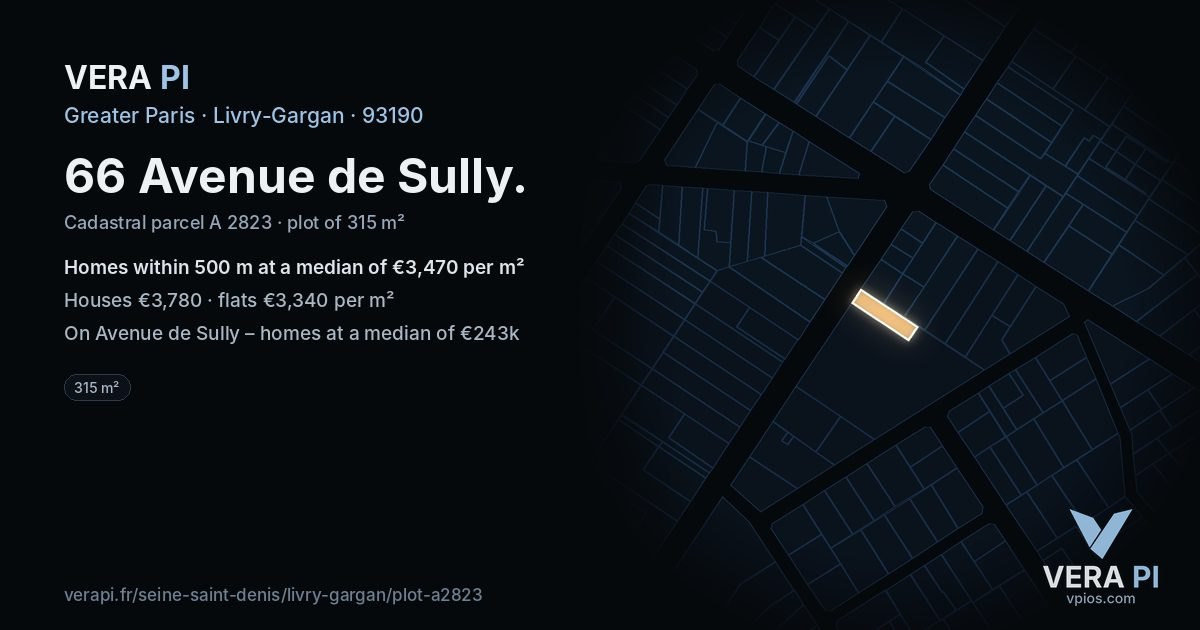 66 Avenue de Sully, Livry-Gargan at night – the plot lit, the parcels around coloured by the prices near them