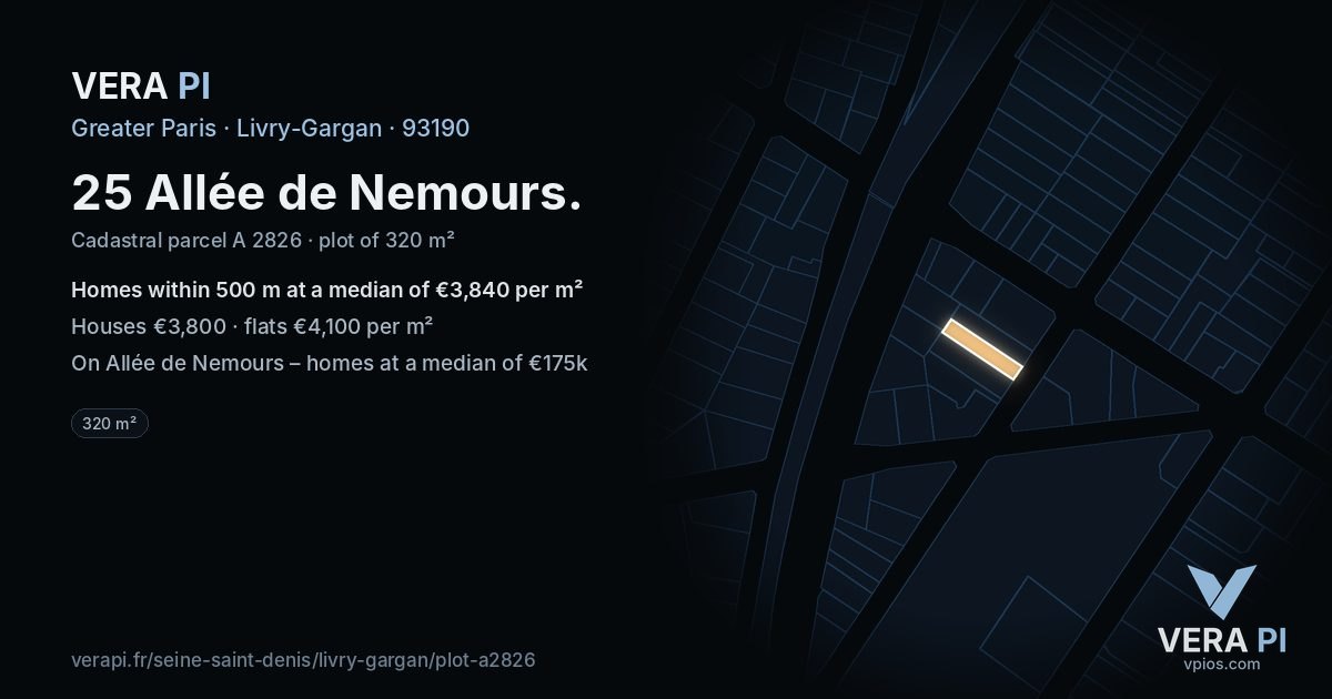25 Allée de Nemours, Livry-Gargan at night – the plot lit, the parcels around coloured by the prices near them