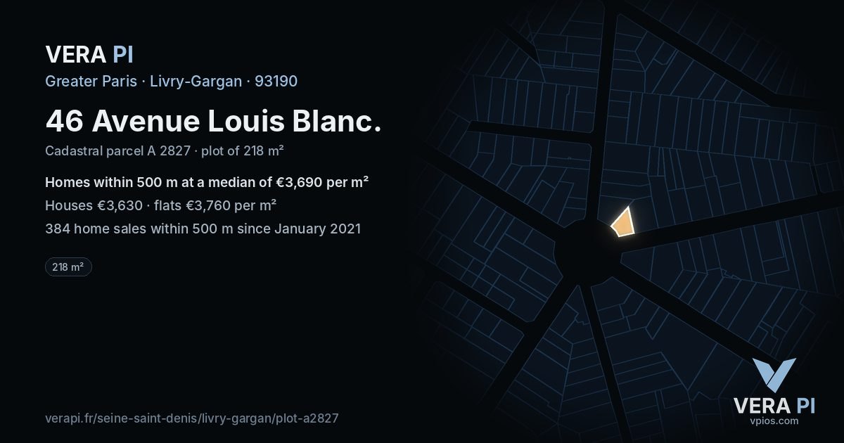 46 Avenue Louis Blanc, Livry-Gargan at night – the plot lit, the parcels around coloured by the prices near them