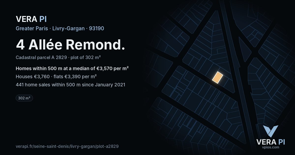 4 Allée Remond, Livry-Gargan at night – the plot lit, the parcels around coloured by the prices near them