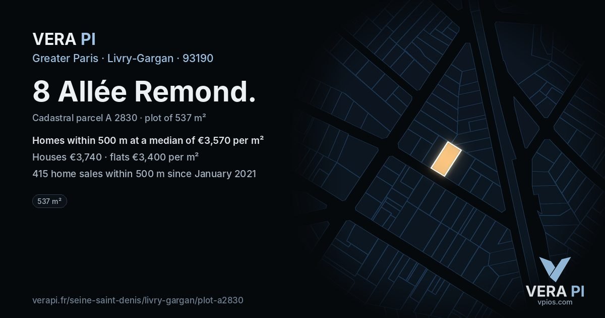 8 Allée Remond, Livry-Gargan at night – the plot lit, the parcels around coloured by the prices near them