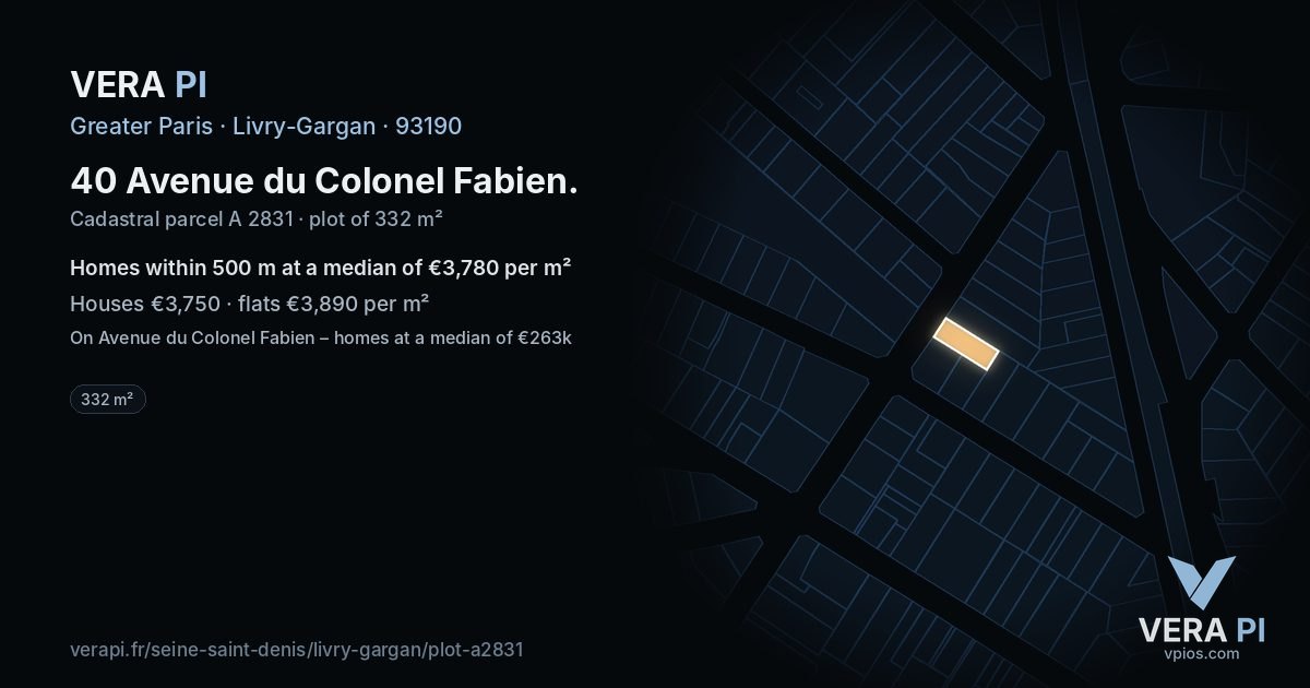 40 Avenue du Colonel Fabien, Livry-Gargan at night – the plot lit, the parcels around coloured by the prices near them