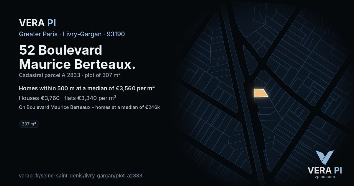 52 Boulevard Maurice Berteaux, Livry-Gargan at night – the plot lit, the parcels around coloured by the prices near them