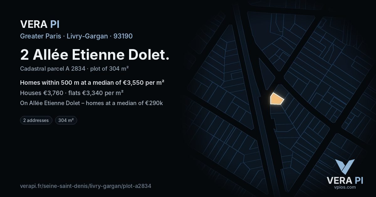 2 Allée Etienne Dolet, Livry-Gargan at night – the plot lit, the parcels around coloured by the prices near them