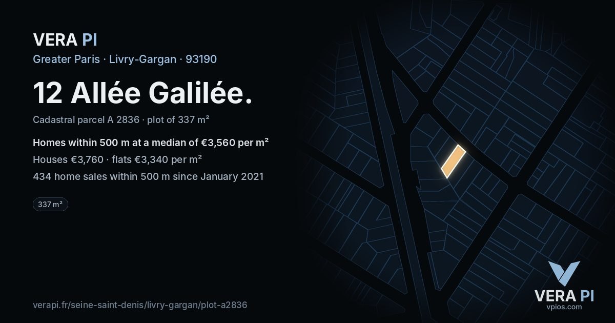 12 Allée Galilée, Livry-Gargan at night – the plot lit, the parcels around coloured by the prices near them
