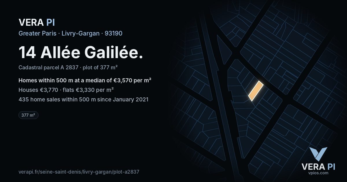 14 Allée Galilée, Livry-Gargan at night – the plot lit, the parcels around coloured by the prices near them
