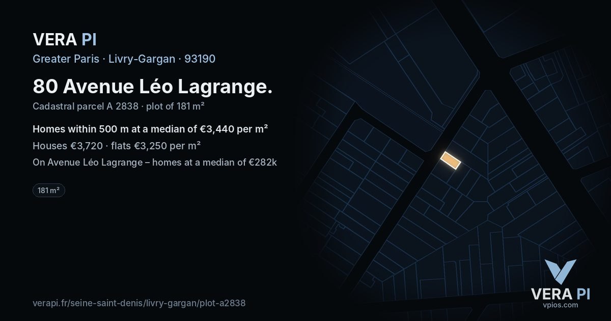 80 Avenue Léo Lagrange, Livry-Gargan at night – the plot lit, the parcels around coloured by the prices near them