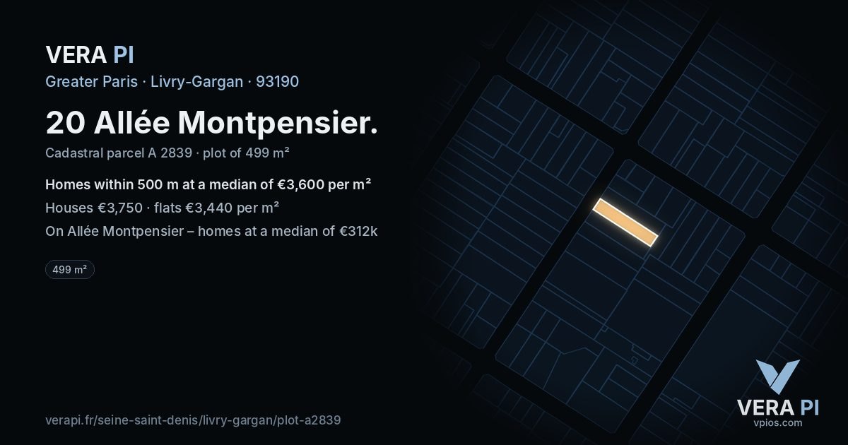 20 Allée Montpensier, Livry-Gargan at night – the plot lit, the parcels around coloured by the prices near them
