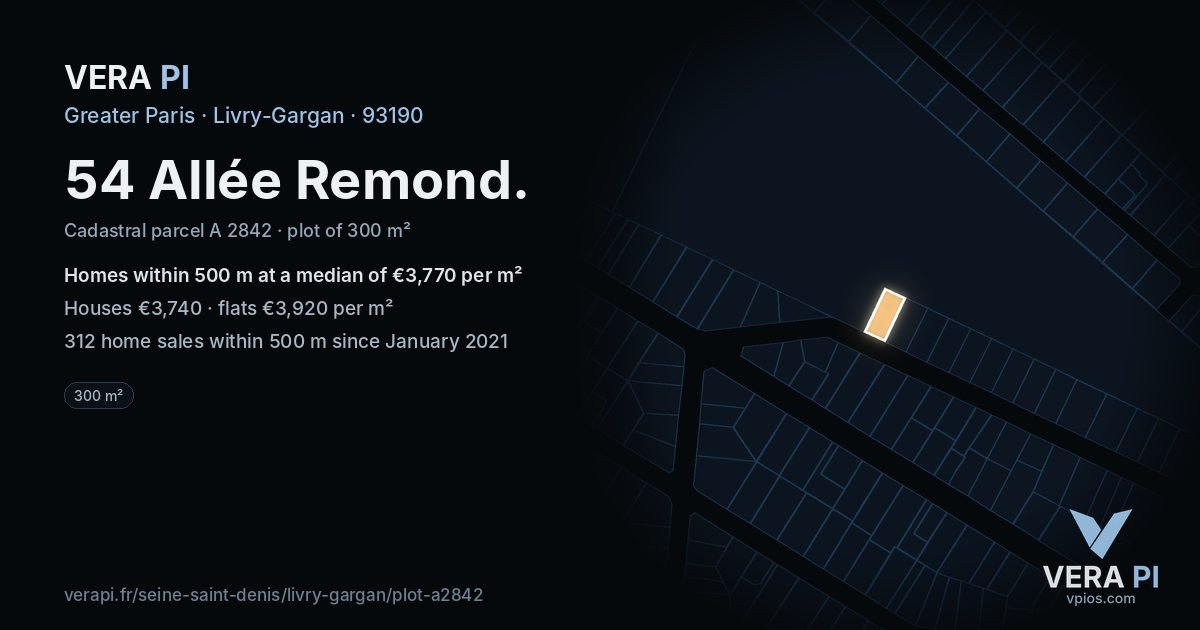 54 Allée Remond, Livry-Gargan at night – the plot lit, the parcels around coloured by the prices near them