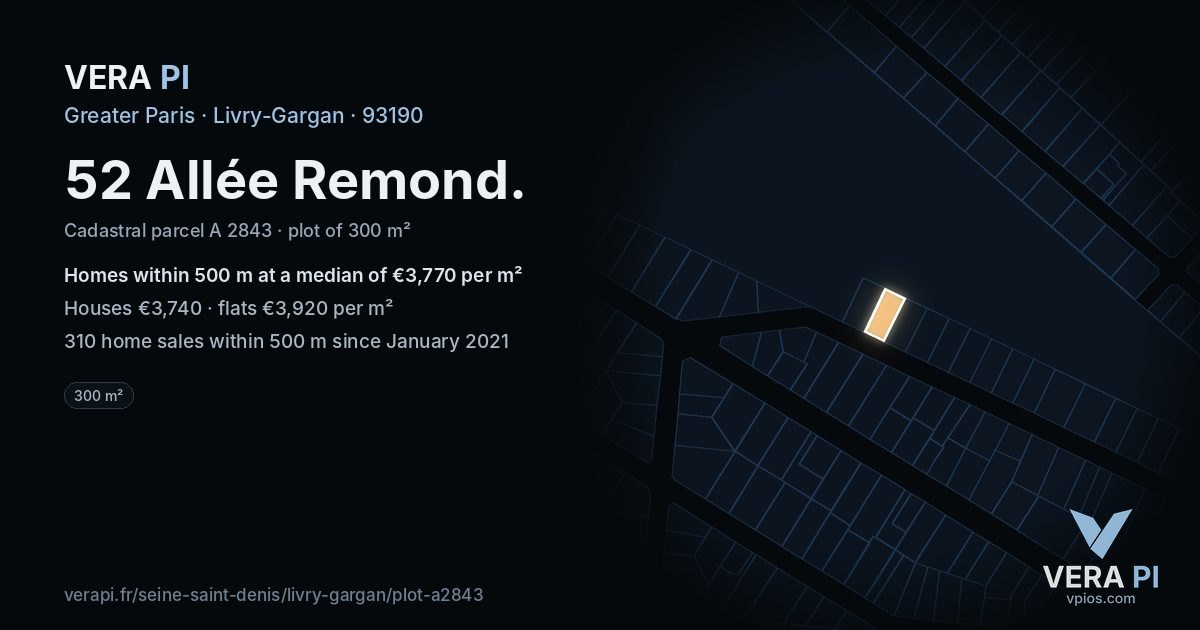 52 Allée Remond, Livry-Gargan at night – the plot lit, the parcels around coloured by the prices near them