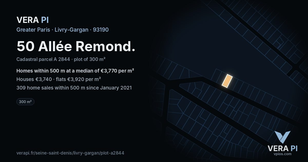 50 Allée Remond, Livry-Gargan at night – the plot lit, the parcels around coloured by the prices near them
