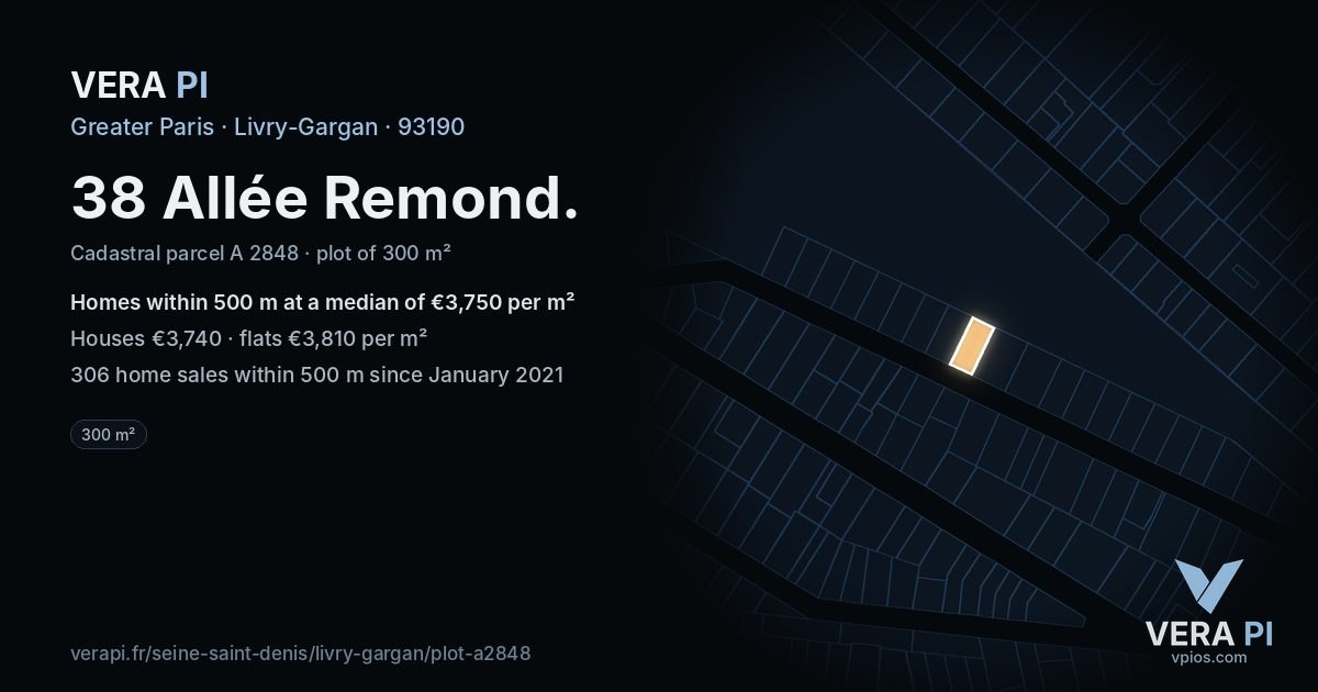 38 Allée Remond, Livry-Gargan at night – the plot lit, the parcels around coloured by the prices near them