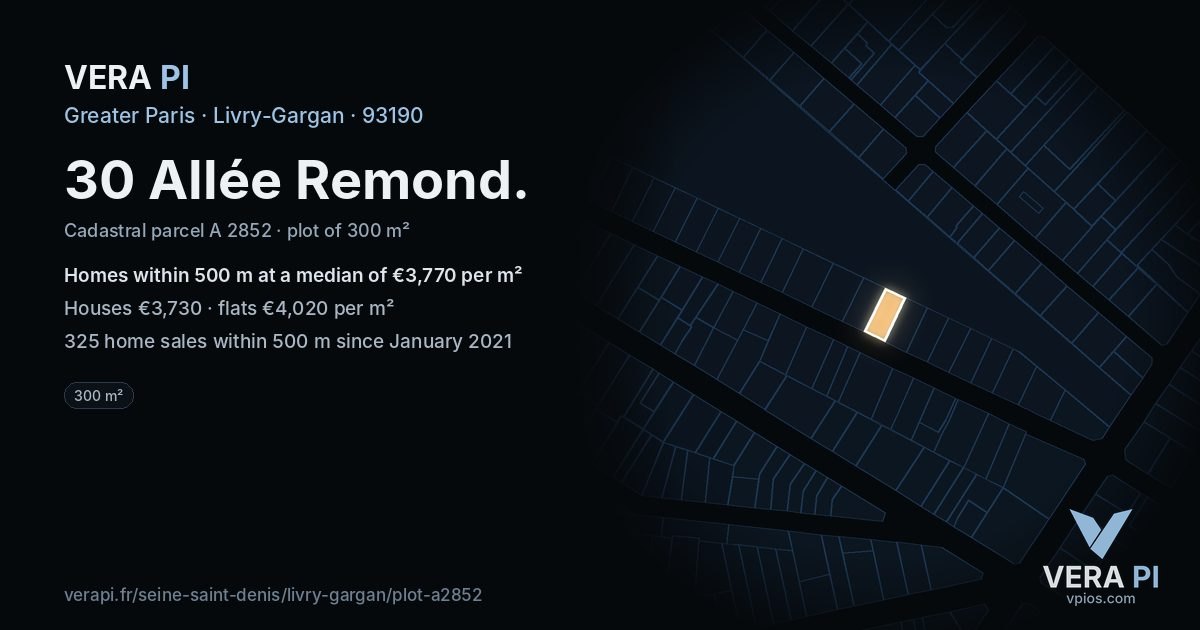 30 Allée Remond, Livry-Gargan at night – the plot lit, the parcels around coloured by the prices near them