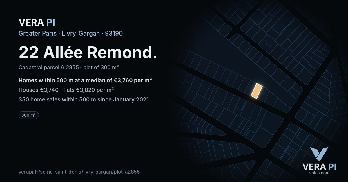 22 Allée Remond, Livry-Gargan at night – the plot lit, the parcels around coloured by the prices near them