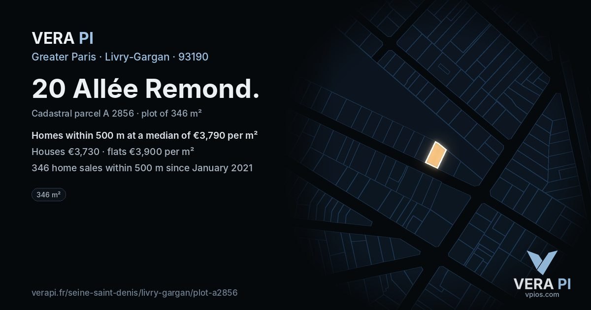 20 Allée Remond, Livry-Gargan at night – the plot lit, the parcels around coloured by the prices near them