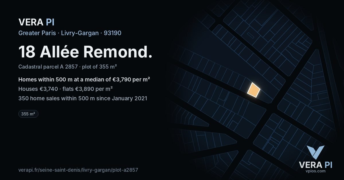 18 Allée Remond, Livry-Gargan at night – the plot lit, the parcels around coloured by the prices near them