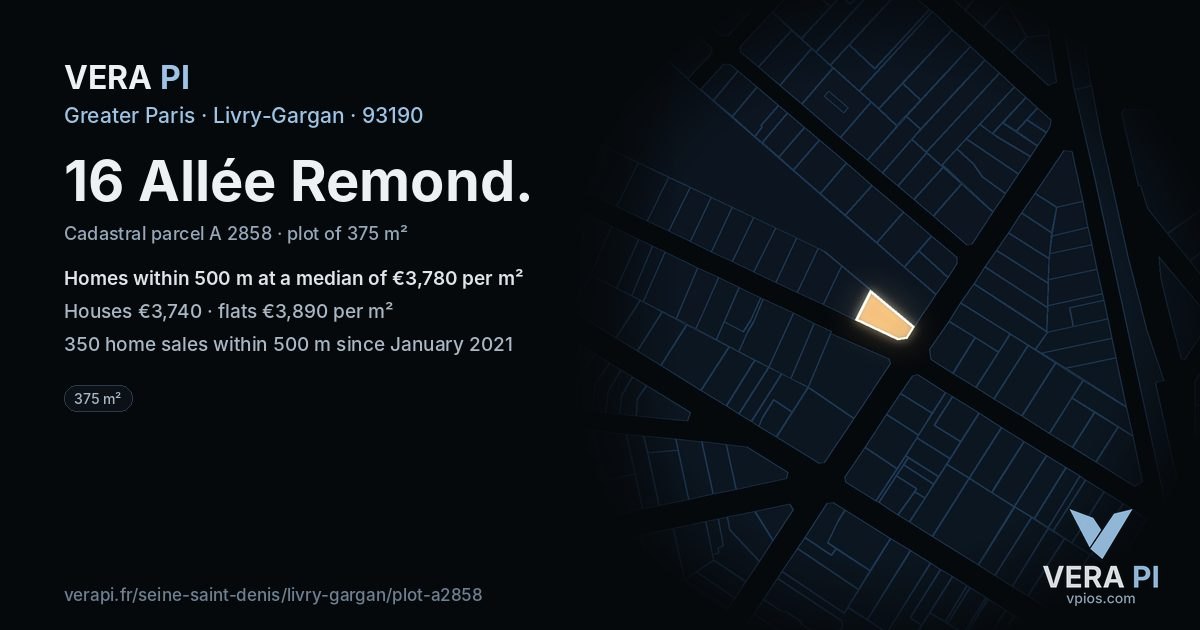 16 Allée Remond, Livry-Gargan at night – the plot lit, the parcels around coloured by the prices near them