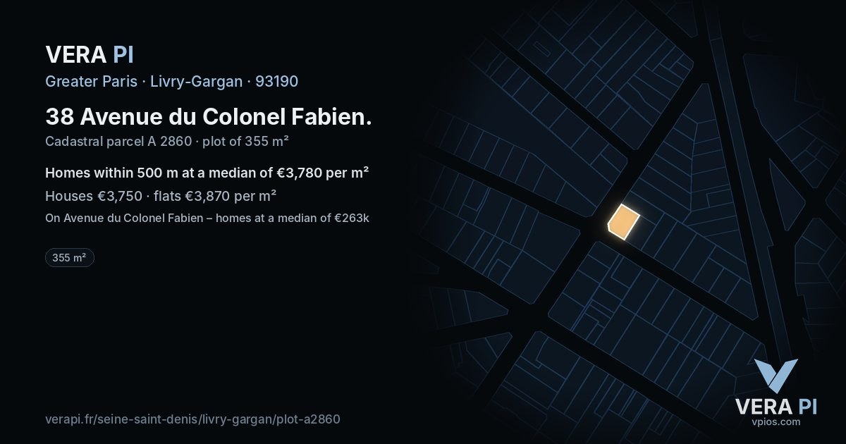 38 Avenue du Colonel Fabien, Livry-Gargan at night – the plot lit, the parcels around coloured by the prices near them